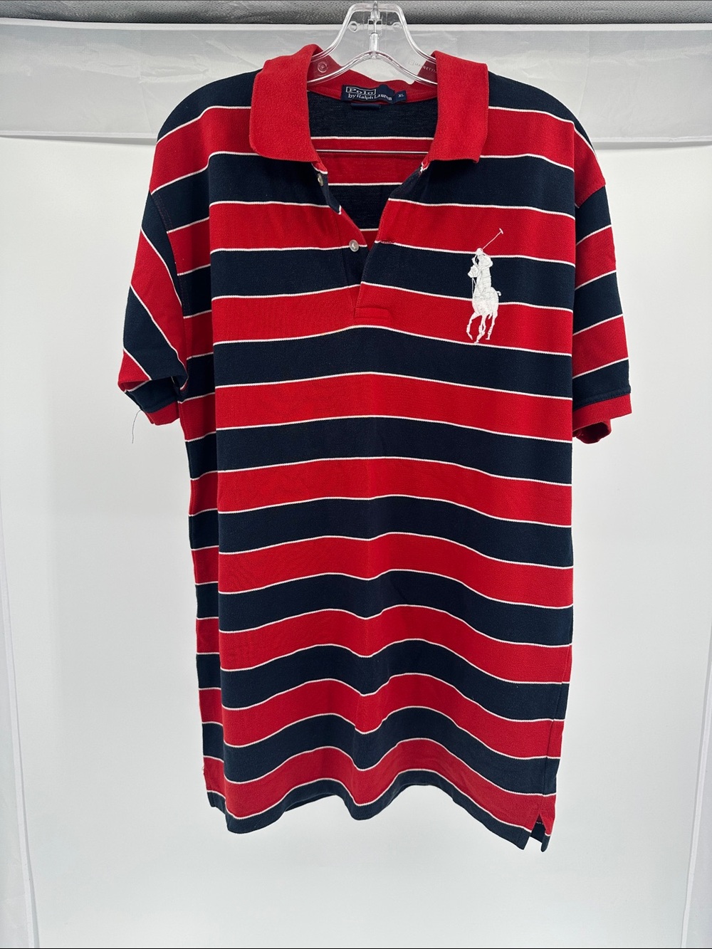 Polo by Ralph Lauren Red & Navy Striped Polo Shirt with Large White Pony